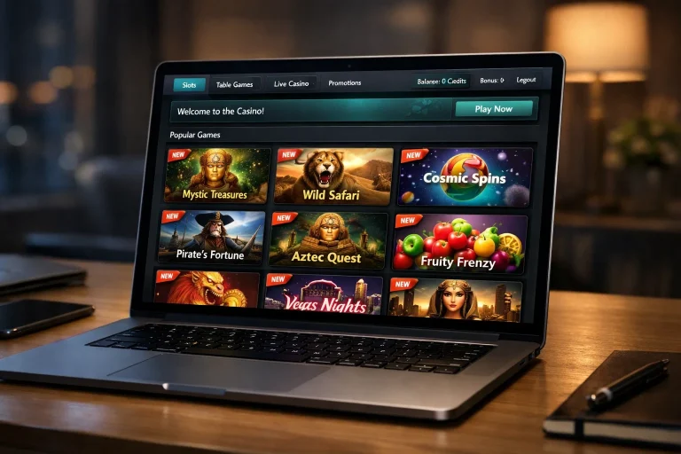 Laptop screen displaying an online casino lobby with game tiles and new brand badges