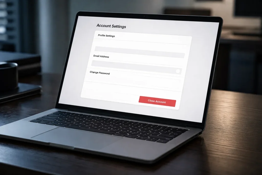 Laptop screen showing an account settings page with a close account button visible