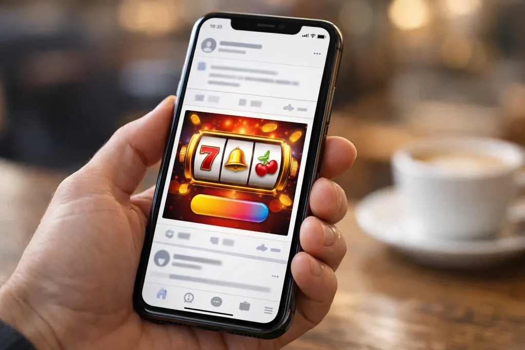 Smartphone displaying a social media feed with an online casino advertisement