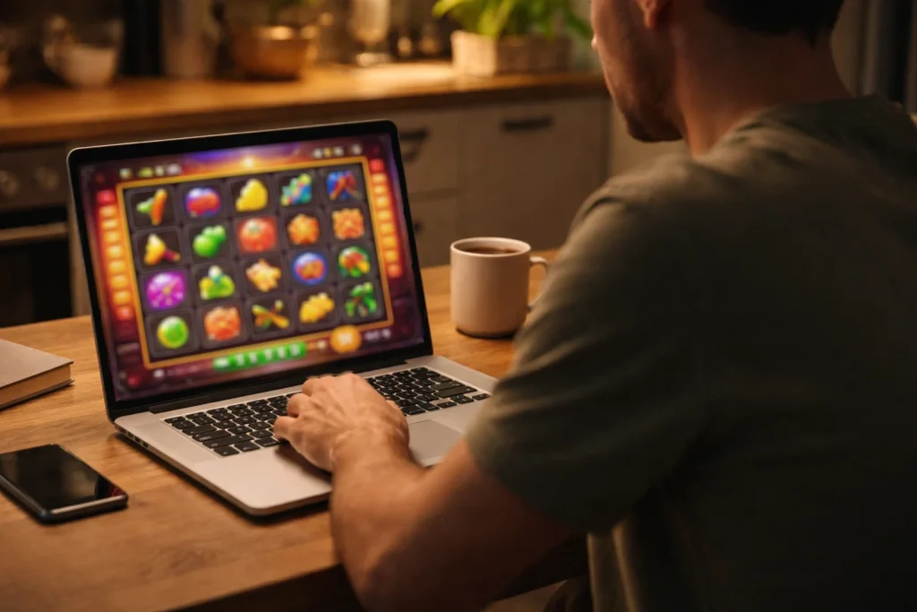 Adult player at a kitchen table using a laptop to play an online casino slot game
