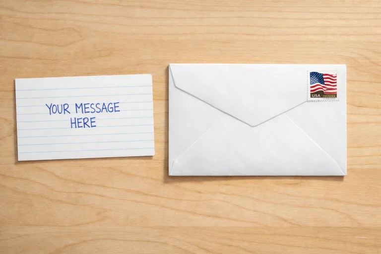 Handwritten envelope with index card addressed to a promotional sweepstakes P.O. box