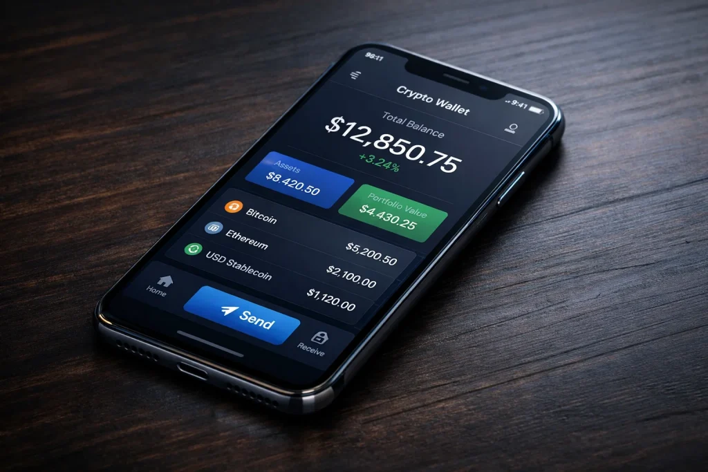 Stablecoin and cryptocurrency logos arranged around a digital wallet interface