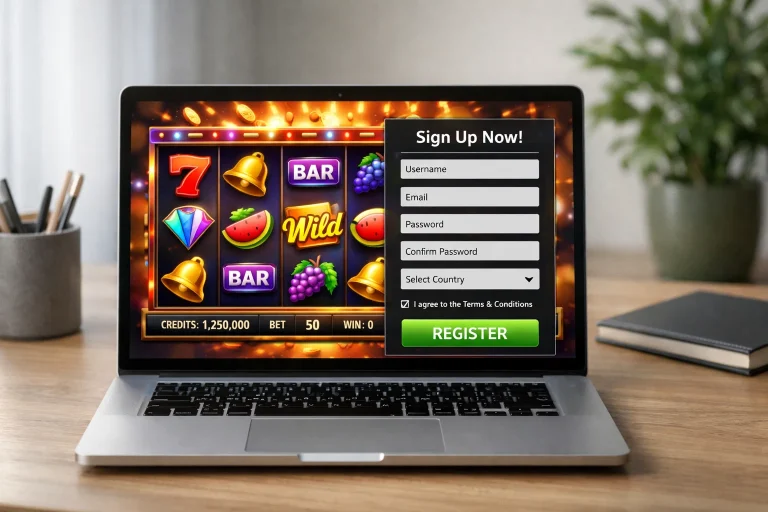 Laptop screen displaying an online slot game in a home office workspace