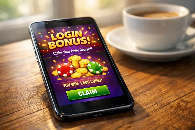 Smartphone on a wooden desk showing a sweepstakes casino login bonus modal with coin icons