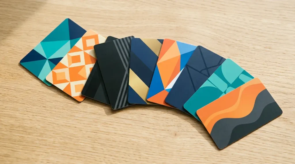 Assortment of retailer gift cards arranged on a wooden surface