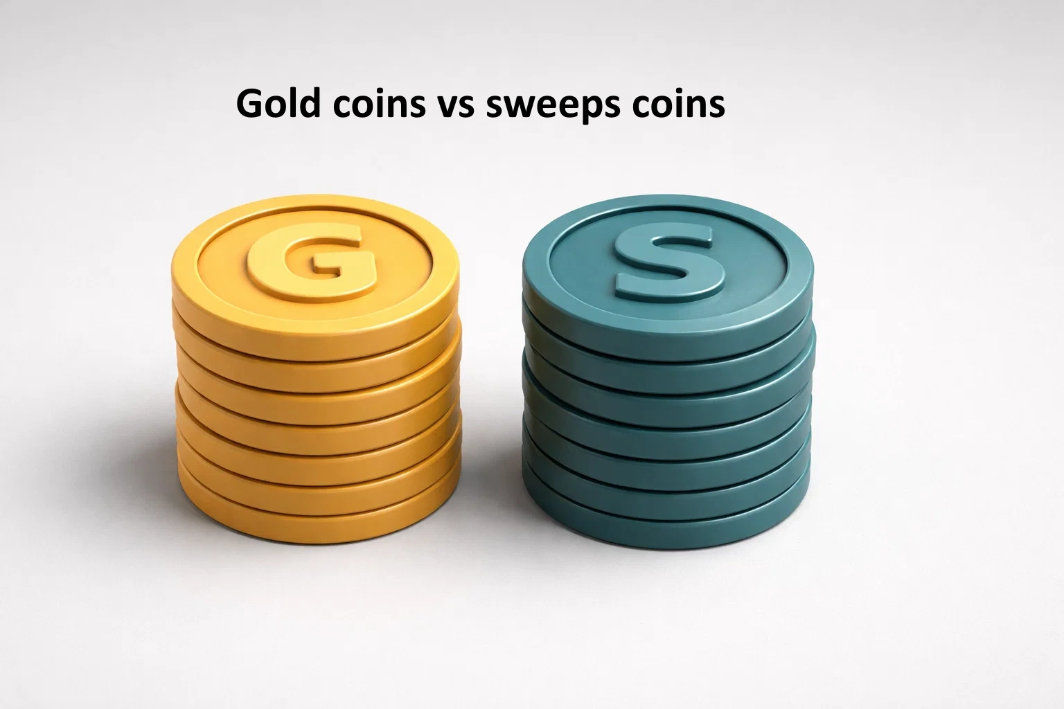 Two distinct stacks of generic virtual tokens labeled GC and SC on a neutral studio surface representing Gold Coins and Sweeps Coins at a new US sweepstakes casino