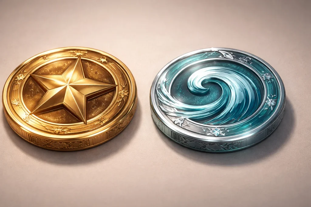 Two stylized tokens labeled Gold Coins and Sweeps Coins on a split background