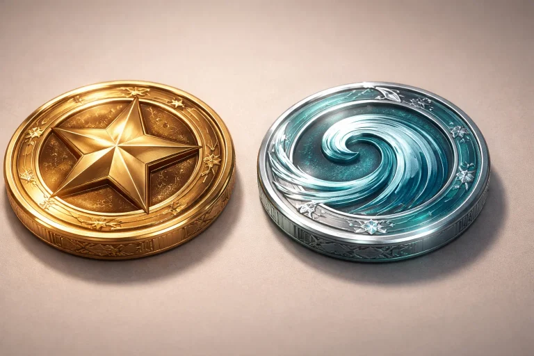 Two stylized tokens labeled Gold Coins and Sweeps Coins on a split background