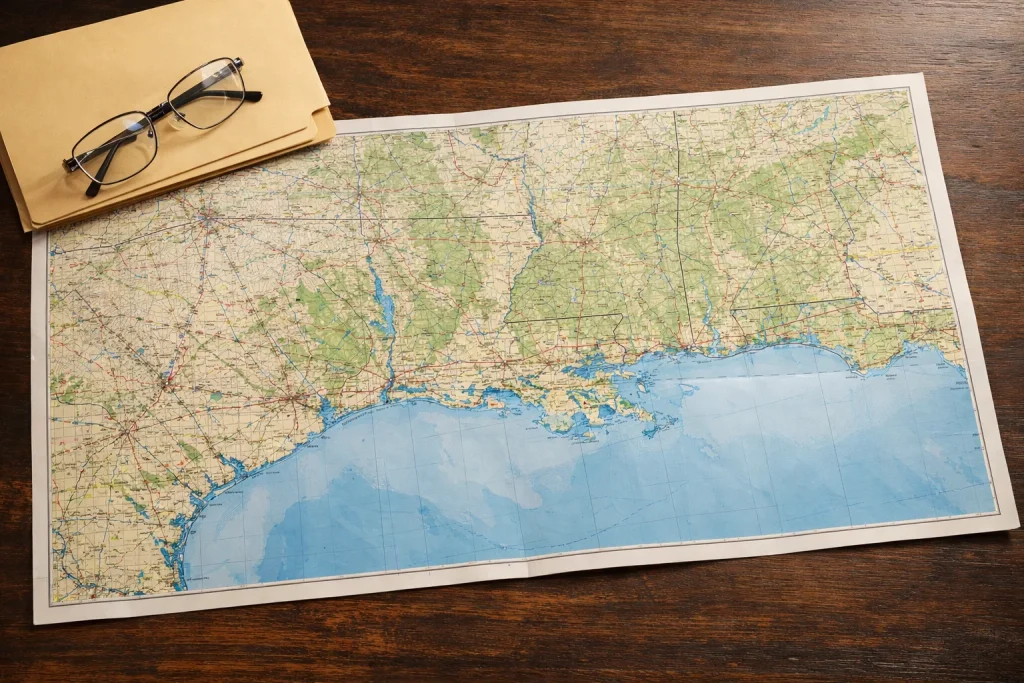 US Gulf Coast map with state outlines highlighted against a legal document backdrop