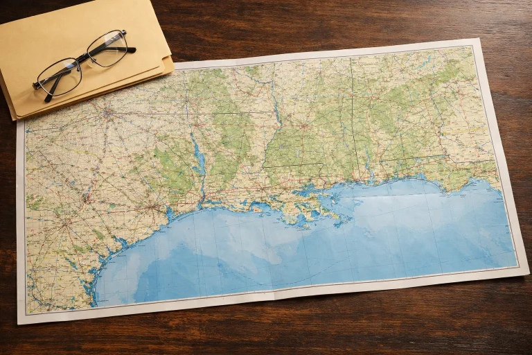 US Gulf Coast map with state outlines highlighted against a legal document backdrop