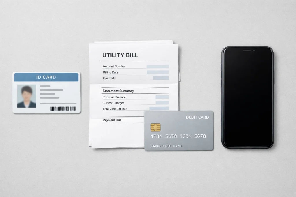 Driver license, utility bill, and payment card arranged for identity verification upload