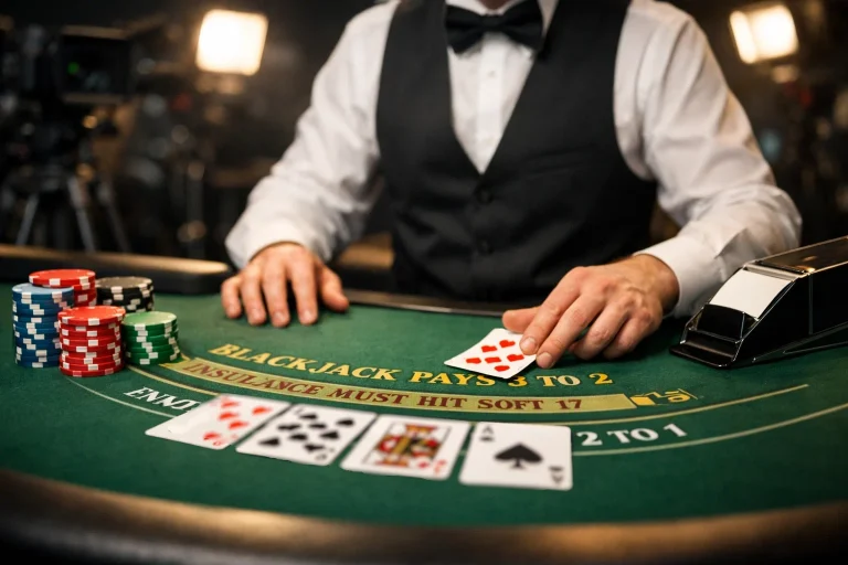 Live blackjack studio with dealer and cards streamed to multiple player screens