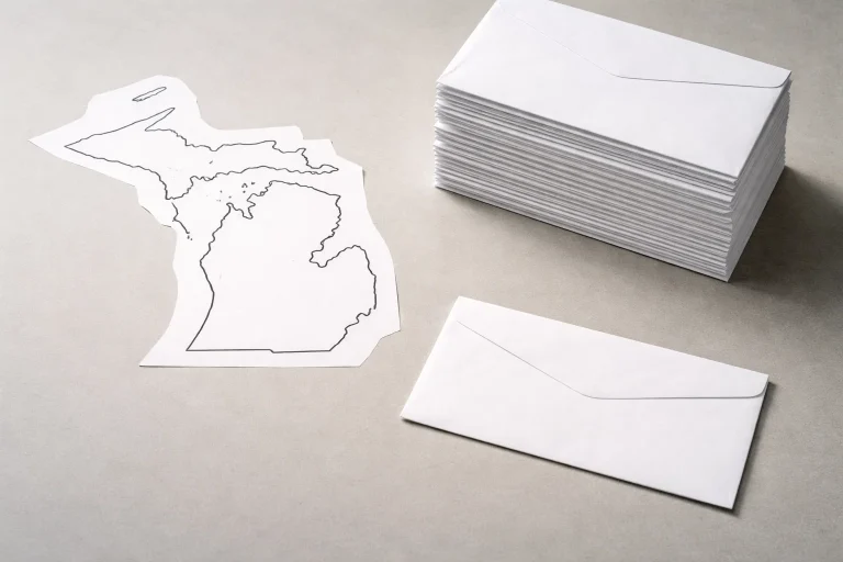 Michigan state outline with a stack of legal envelopes marked official notice