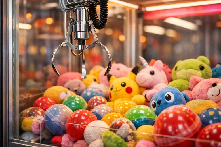 Arcade-style claw machine and fortune wheel interfaces layered over a digital token grid