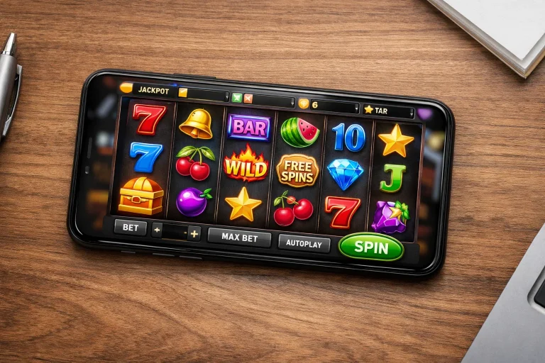 Smartphone displaying a mobile casino interface next to an app icon grid