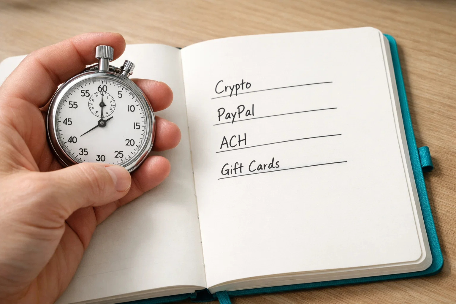 Hand holding a stopwatch over an open notebook with payout method labels including crypto PayPal ACH and gift cards