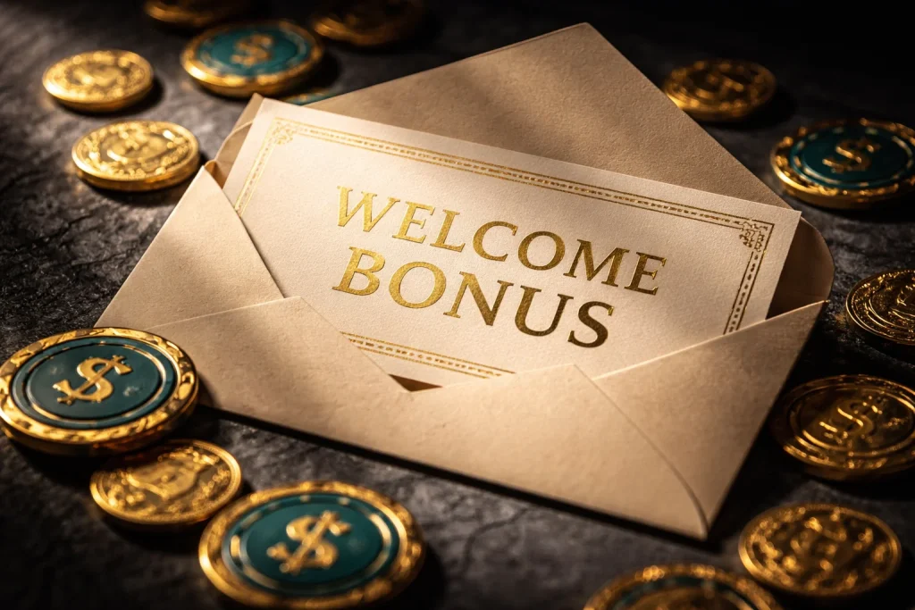 Open welcome bonus envelope with gold coins and teal Sweeps Coin tokens at a new US sweepstakes casino