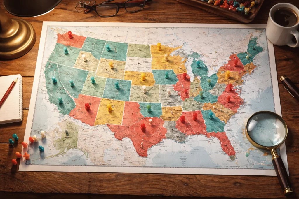 US paper map with colored pins marking banned, gray-zone, and open states for new sweepstakes casinos in 2026