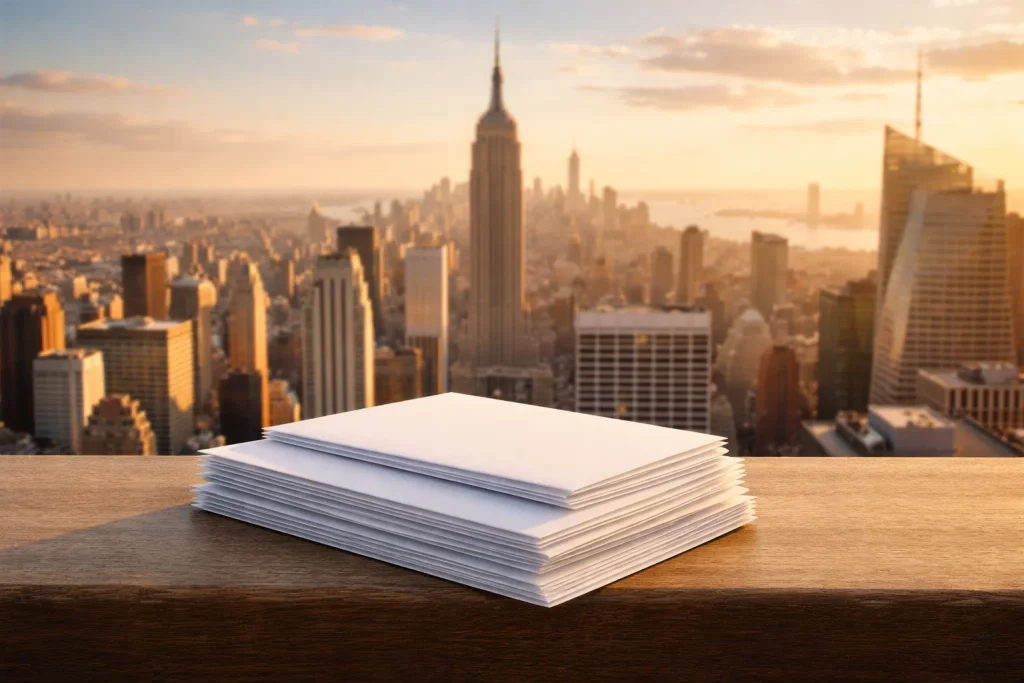 Empire State Building silhouette over scattered cease-and-desist documents