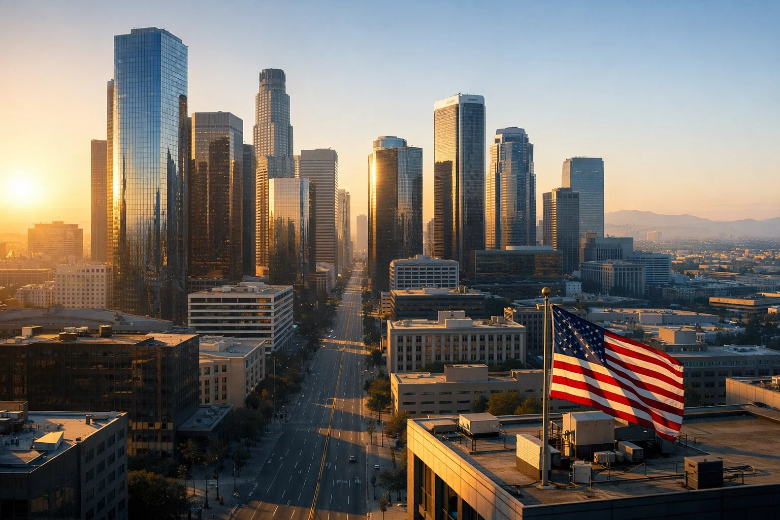 Aerial view of a modern American city at dawn representing the newest US sweepstakes casinos landscape in 2026