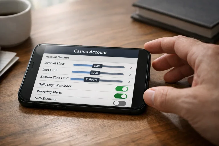 Smartphone on a desk displaying an online casino account screen with a hand reaching for it