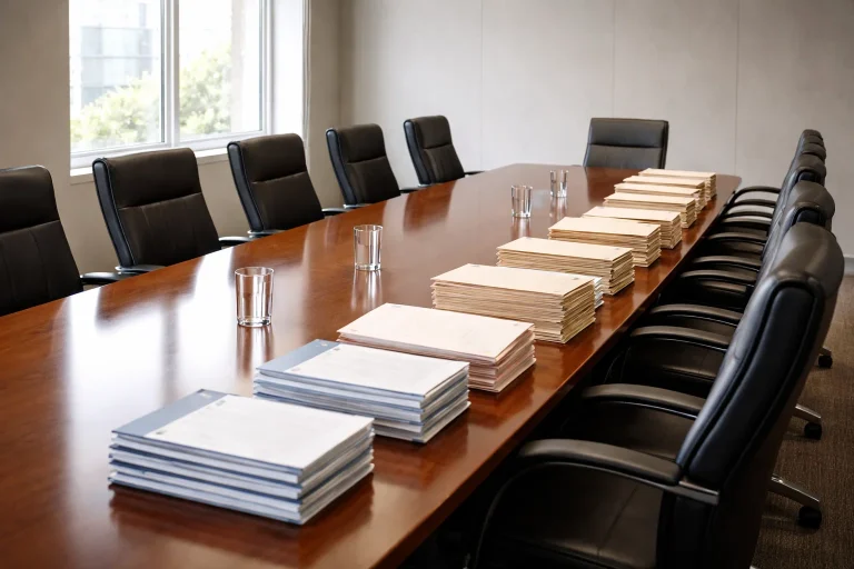 Conference room with policy papers on a long wooden table and empty chairs