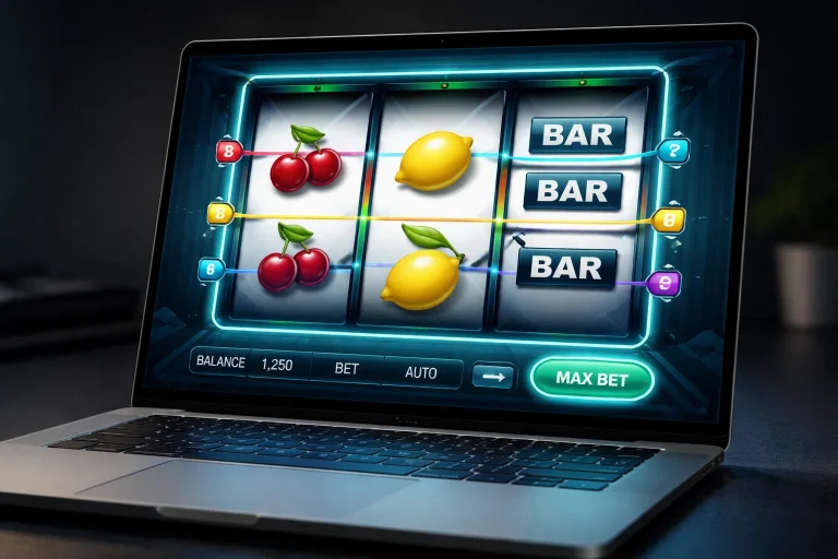 Online slot machine interface showing spinning reels with fruit symbols and paylines