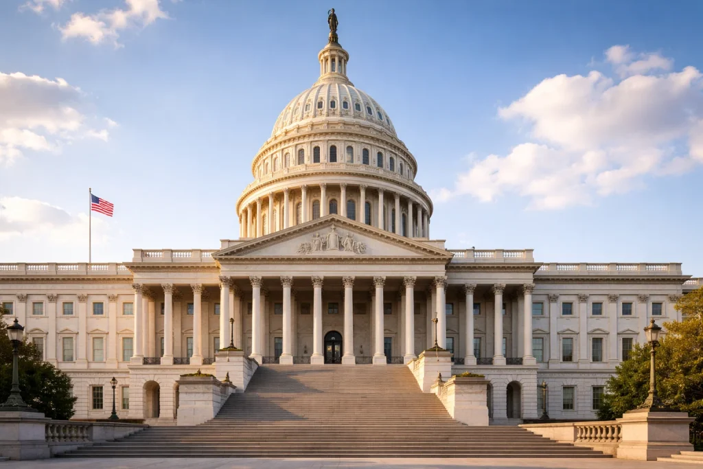 US state capitol building with dome and columns viewed from the front steps