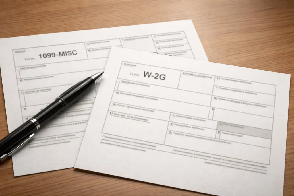 IRS tax forms 1099-MISC and W-2G on a wooden desk with a pen