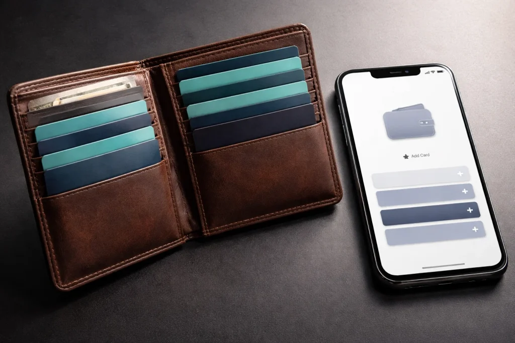 Open leather wallet with plain teal and navy cards beside a smartphone showing an e-wallet on a dark surface