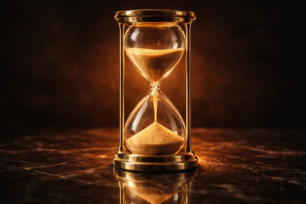 Hourglass with golden sand on a dark marble surface illustrating redemption payout timing