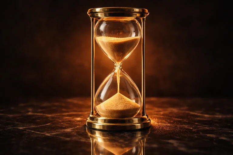 Hourglass with golden sand on a dark marble surface illustrating redemption payout timing
