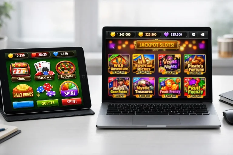 Split-screen graphic contrasting social casino and sweepstakes casino product definitions