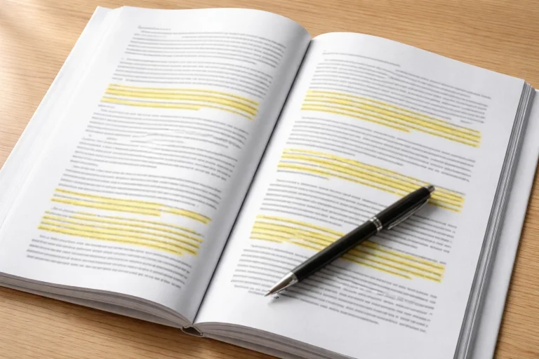 Open legal document with highlighted passages and a pen resting on the page