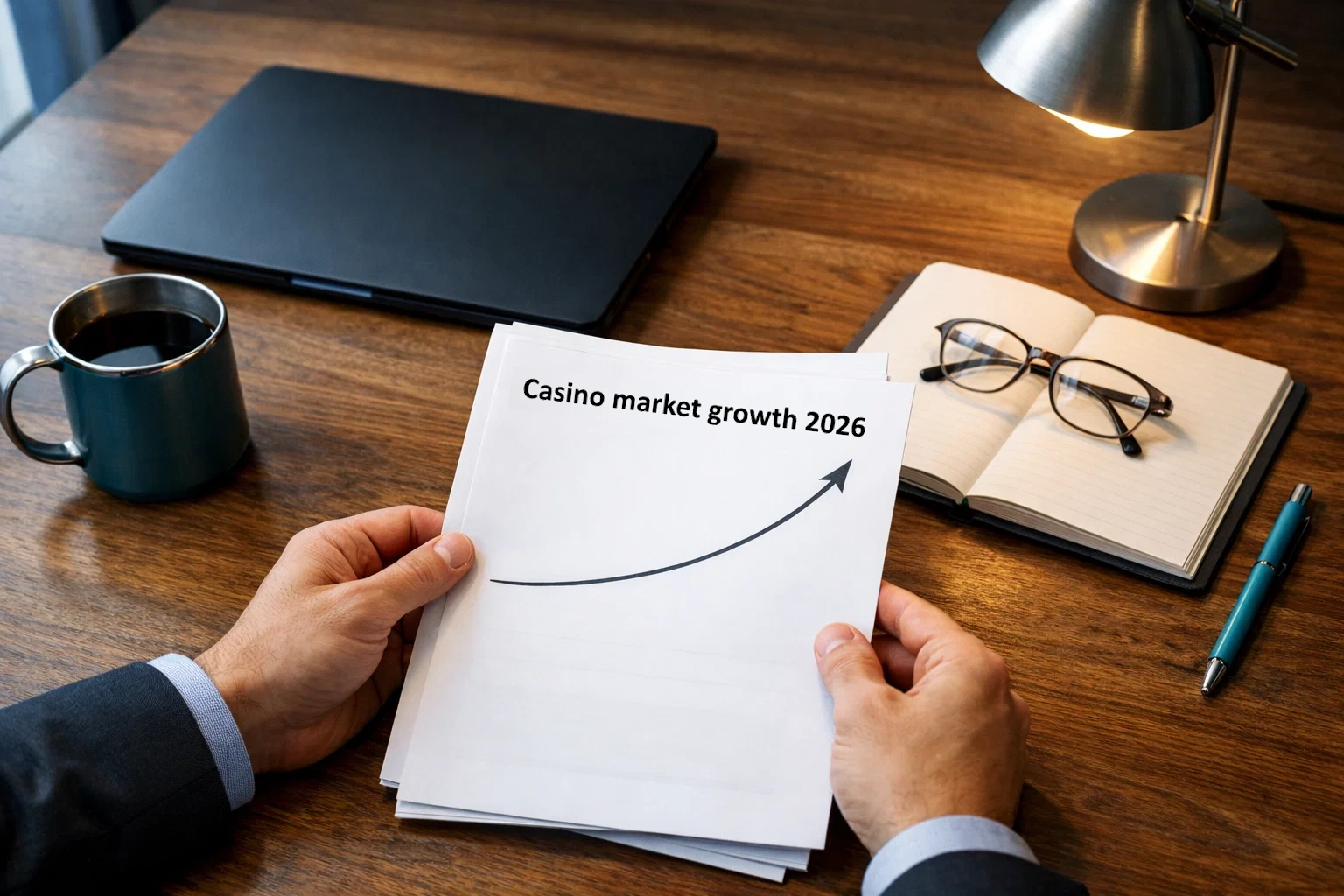 Analyst reviewing printed industry report pages showing the US sweepstakes casino market growth trajectory from 2022 through 2026
