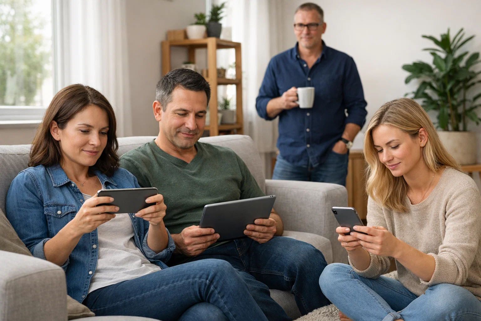 Diverse group of adult US players seated around a casual living room setting using smartphones and tablets in natural daylight