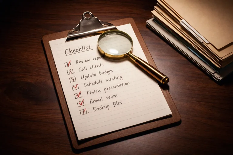 Clipboard with a seven-step verification checklist and a brass magnifying glass on a dark walnut desk
