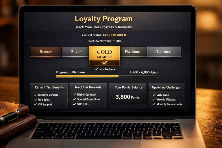 Stacked tier badges rising from bronze to diamond against a loyalty program backdrop